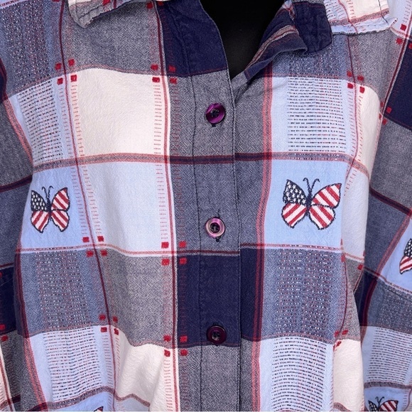 SIZE 26w 28w VINTAGE NORTHCREST RED WHITE BLUE BUTTON FRONT SHORT SLEEVE - Picture 9 of 11